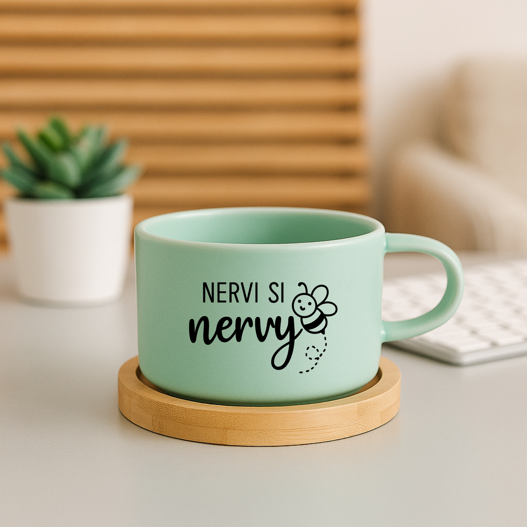 Hrneček makronka s přírodním dřevěným podšálkem - Nervi si nervy