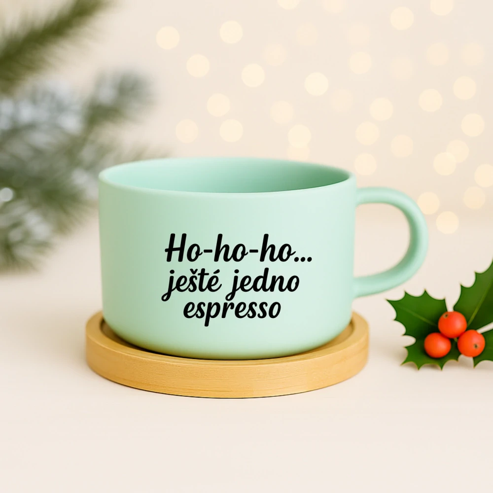 Hrneček makronka s přírodním dřevěným podšálkem - Ho-ho-ho…espresso