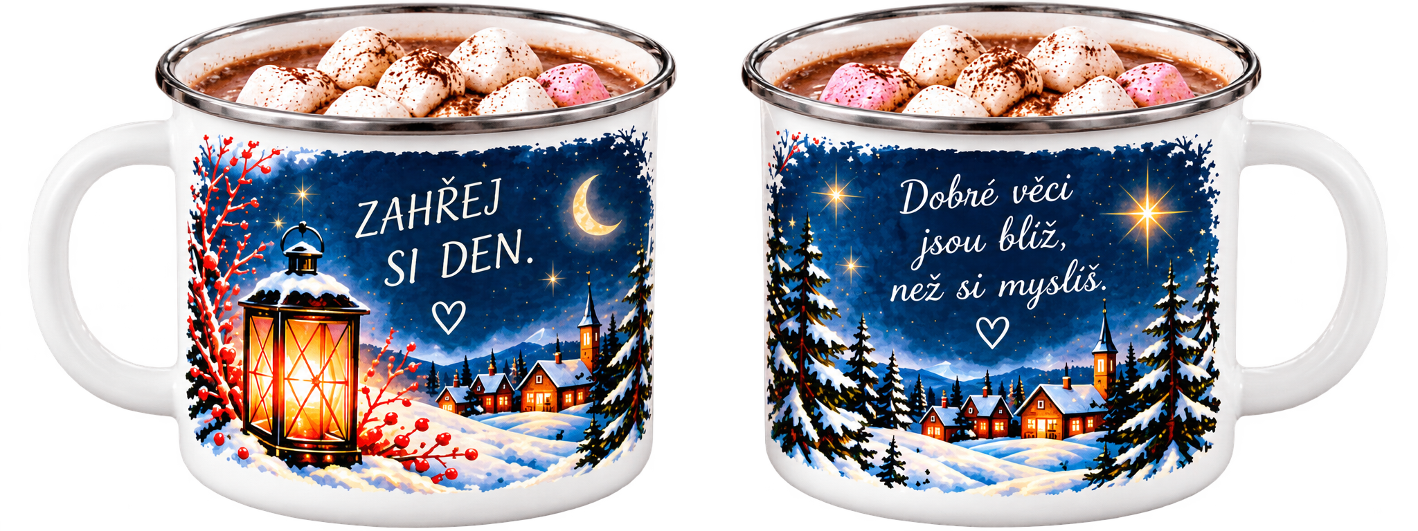 Plechový hrnek, čokoláda, marshmallow - Zimní večer (1)