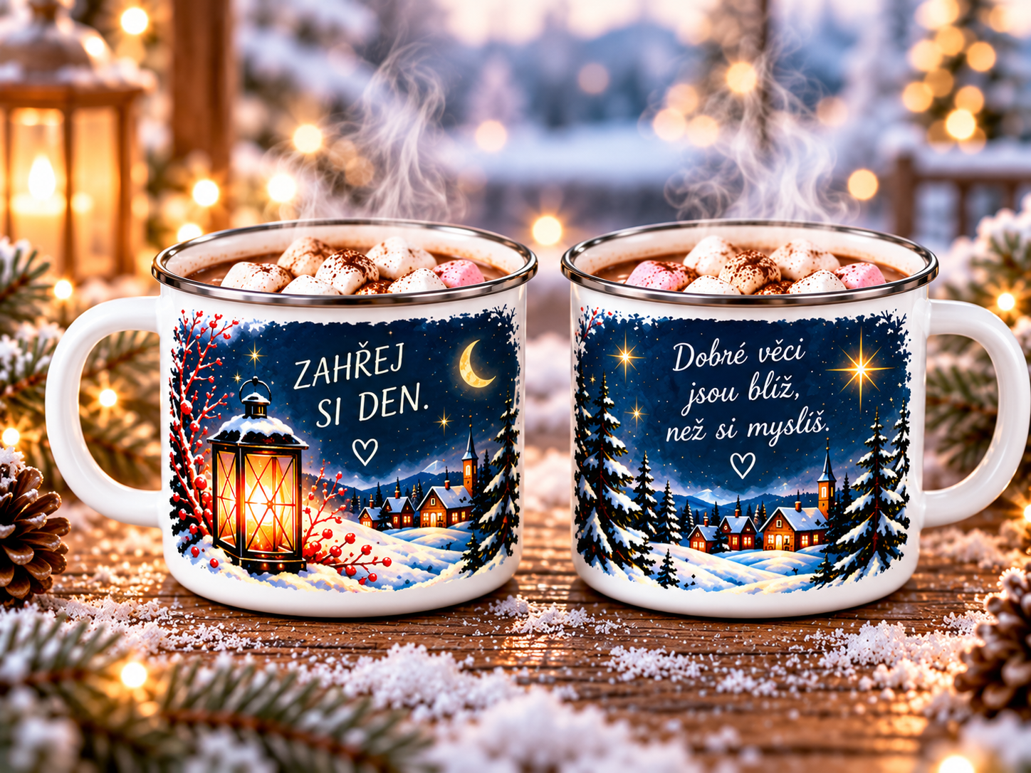 Plechový hrnek, čokoláda, marshmallow - Zimní večer (1)