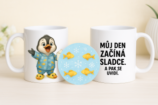 sada hrneček s podtáckem - Tučňák můj den