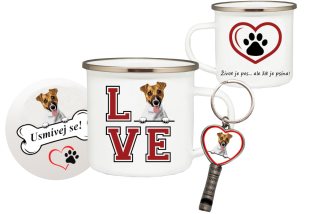 Set plecháček, podtácek, přívěšek motiv Jack Russell teriér